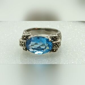 Blue Spinel East West Sterling Silver Ring Size 7.25-7.50
